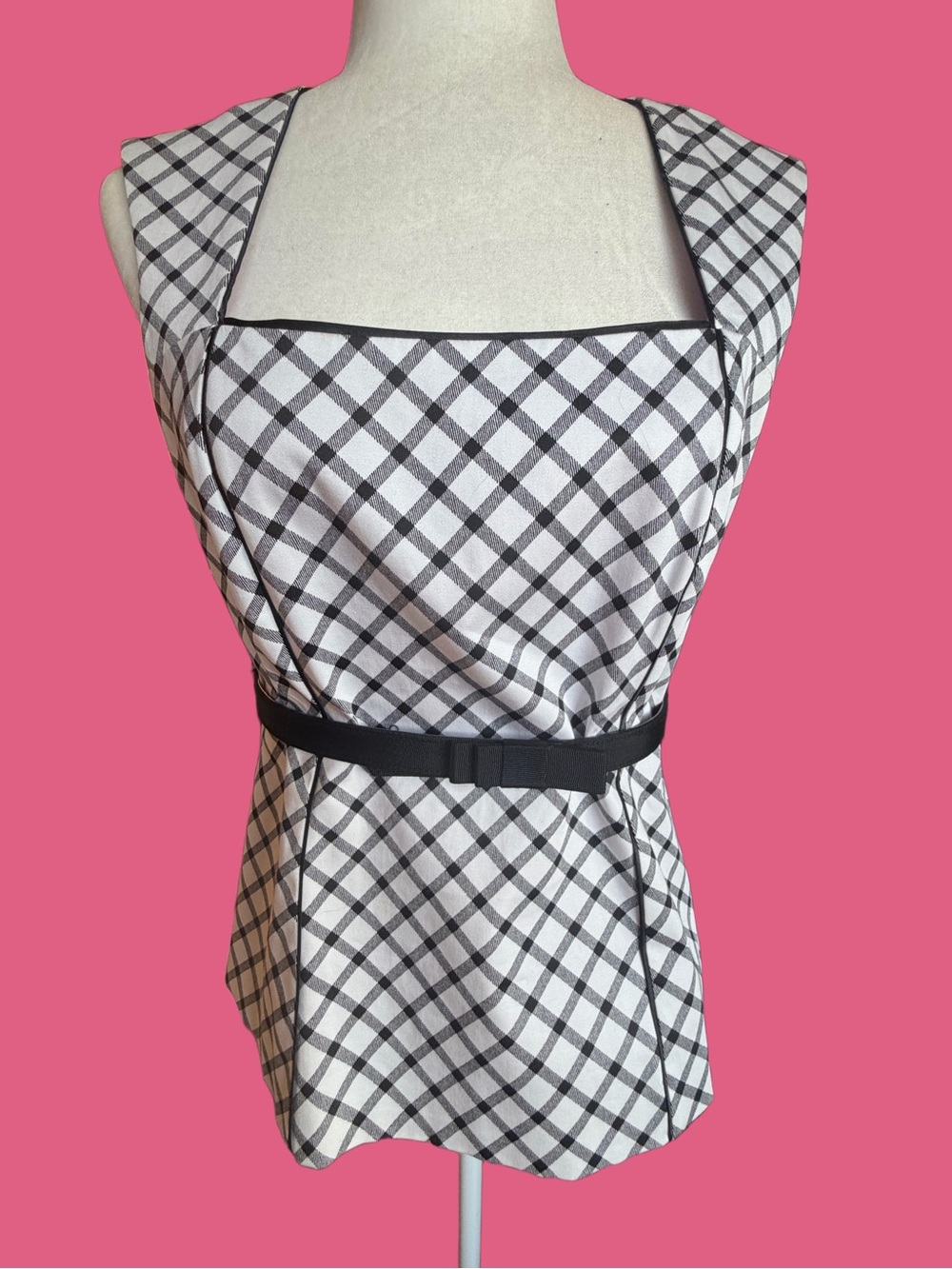 WHBM Black & White Plaid Square Neck Belted Peplum Blouse